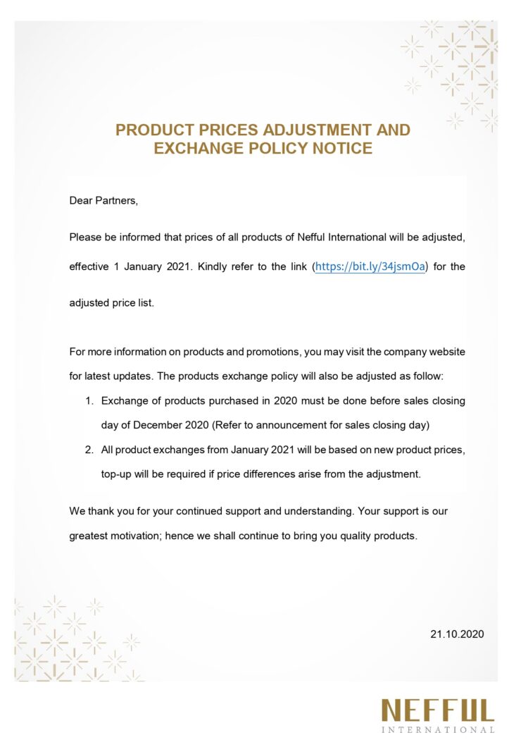 Product Prices Adjustment And Exchange Policy Notice ...